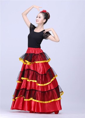 Girls Dance Costumes Red Black Satin Solid Spanish Flamenco Dress Lace up Ballroom Dance Performance Party Female Long Skirt