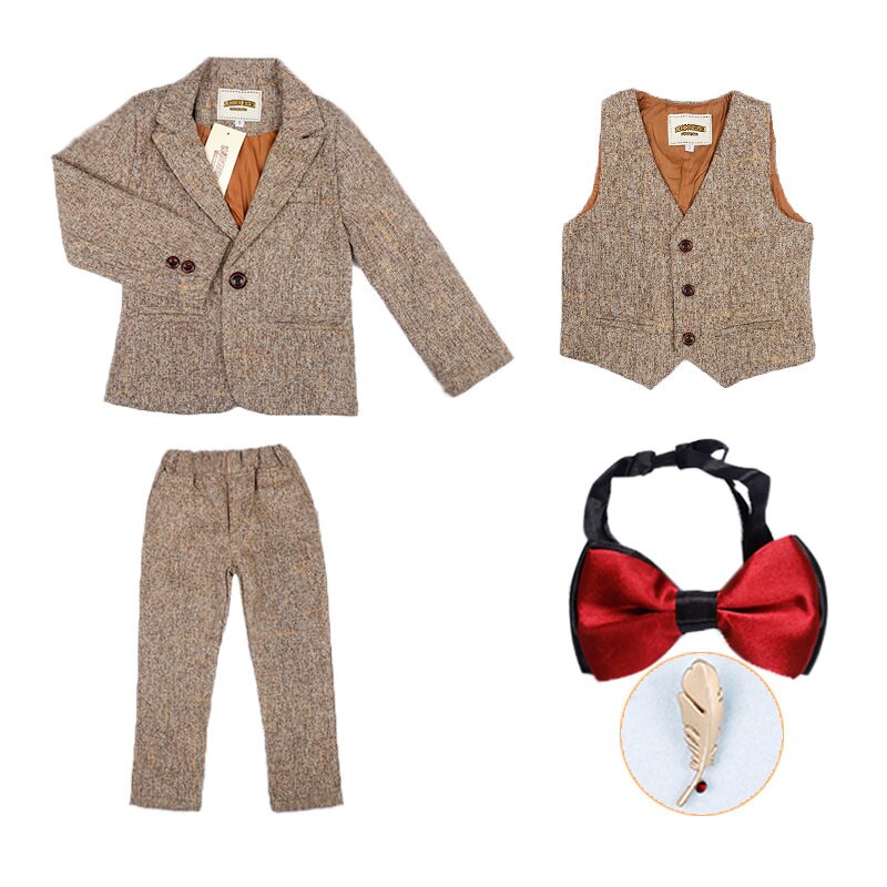 Barn bröllopskostymer pojkar kavajväst byxa 3 st set barn formell smoking skoldräkt gentleman barn kläder set: Khaki 3 st / 2t