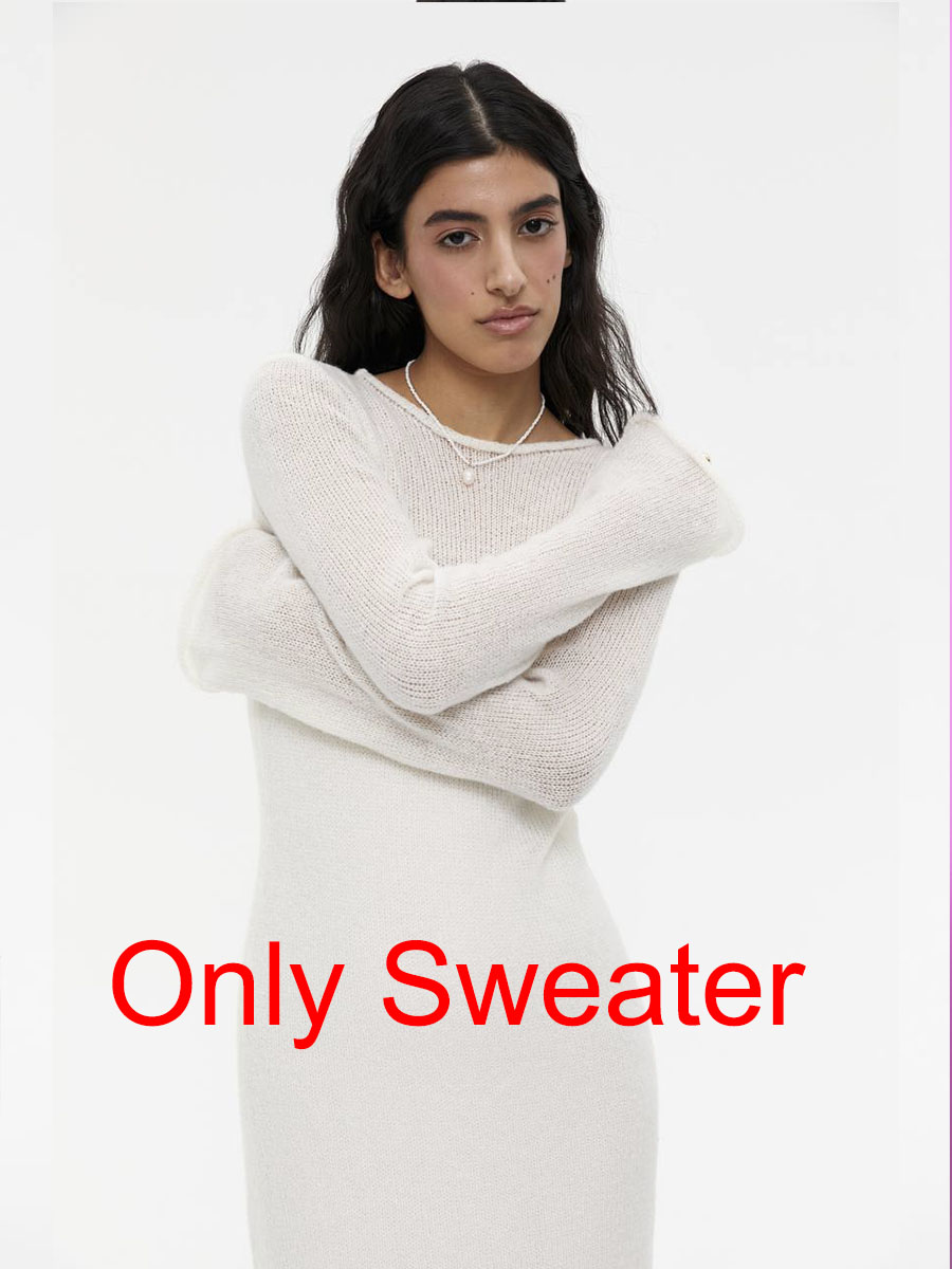 Forår efterår o-hals elastisk strik lange kjoler kvinder chic blød dame udhulende sweaterkjoler femme: Hvid