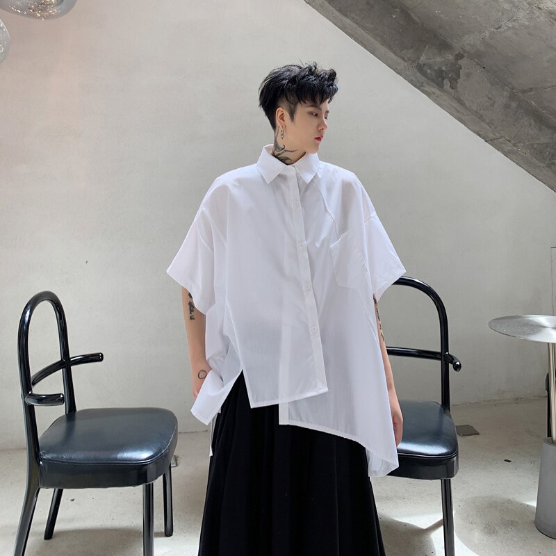 Men Short Sleeve Oversize Irregular Loose Casual White Black Shirt Male Japan Streetwear Hip Hop Party Dress Shirts Couple Shirt
