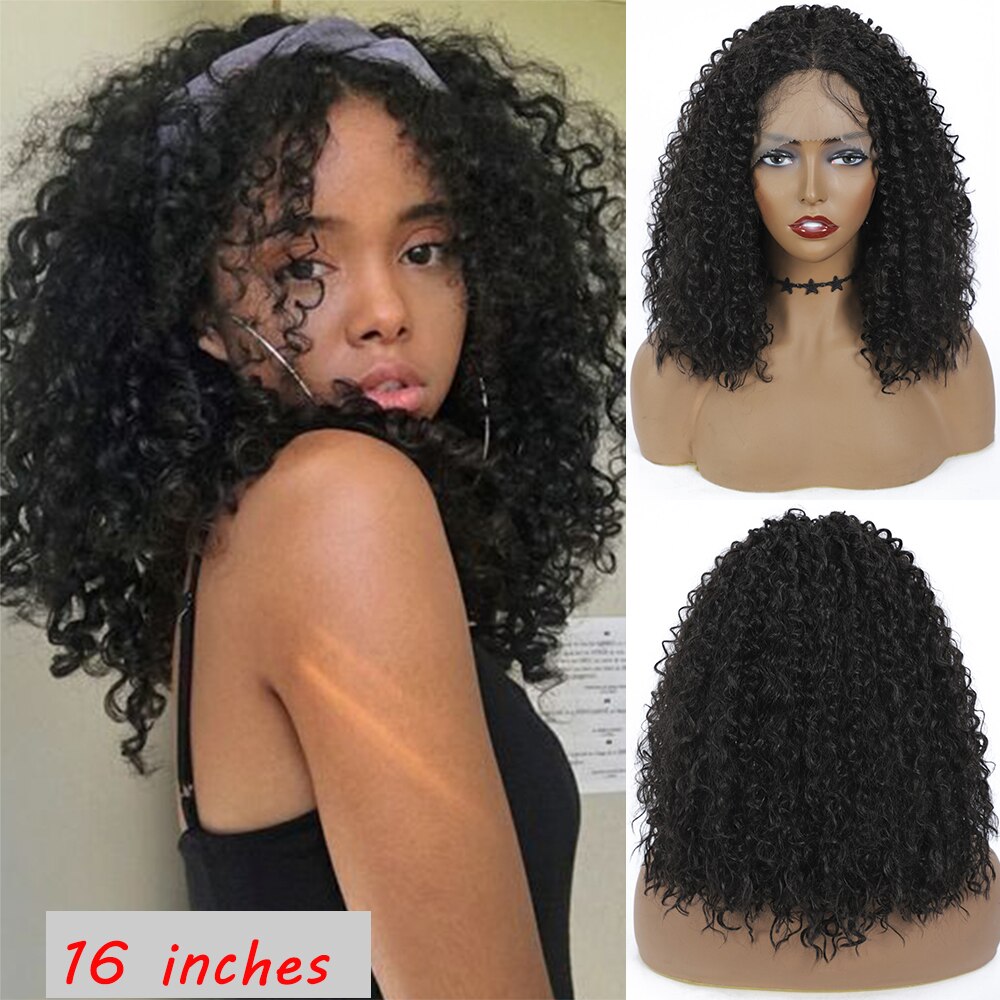 Afro Kinky Curly Lace Front Wig Natural Color SOKU Middle Part Heat Resistant Hair Synthetic Lace Front Wigs For Black Woman: 16 inches dark brown
