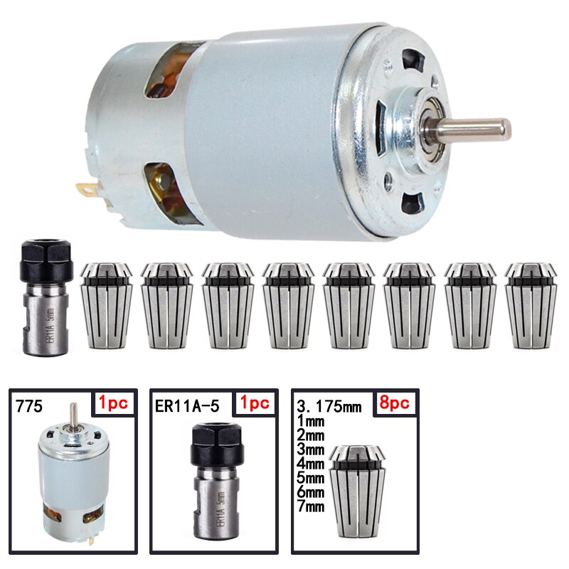 1Pc 775 Dc Motor 12-36V Kogellager Spindel Motor ER11 5Mm Verlengstuk Vleesmes cnc ER11 Spring Collet Chuck Motor Set: 4