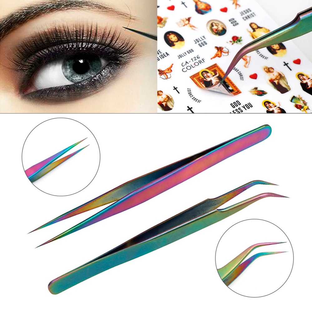 Lash Eyebrow Tweezers Eyelash Extension Colorful Nails Decor Picker Stainless Steel Superhard Tweezers Manicure Makeup Nail Tool