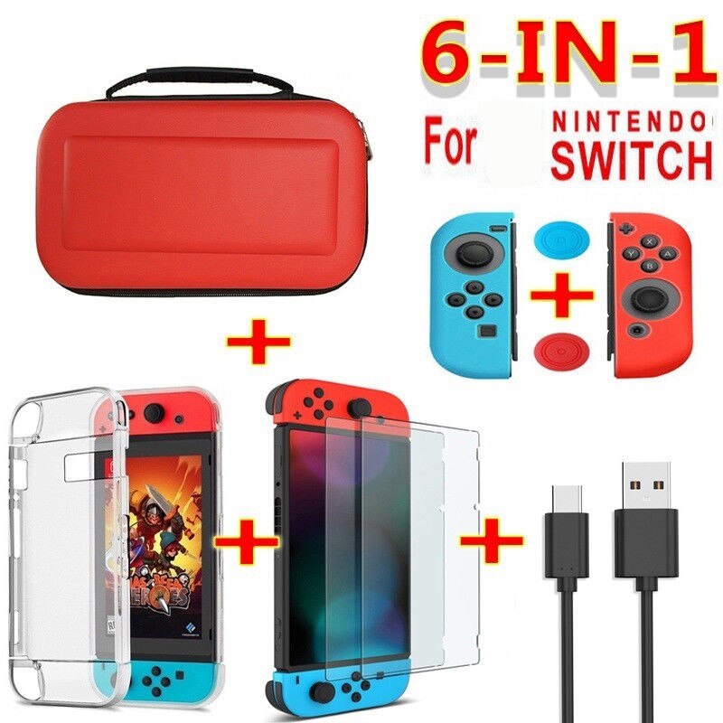 Set di accessori di gioco 6 in 1 nero rosso blu per nintendo Switch borsa da viaggio custodia protettiva per schermo cavo di ricarica: Rosso