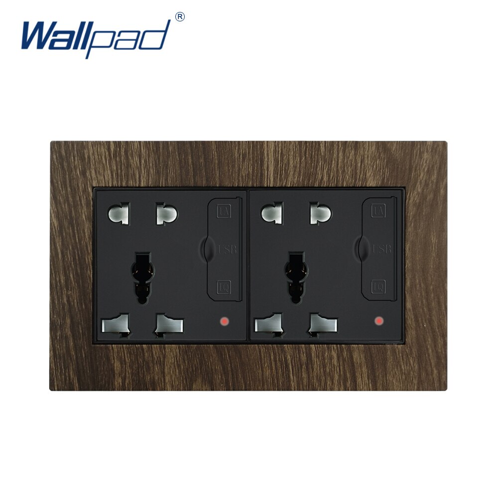 Dubbel 5- pins universeel stopcontact met glazen paneel, wandcontactdoos, 2 usb-oplaadpoorten, universeel stopcontact , 146mm * 86mm: Metaal hout