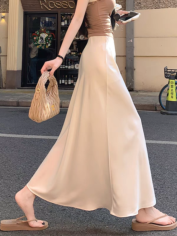 Midaxi-kjol i satin för kvinnor, böljande sjöjungfrukjol med trumpetkant, hög midja och a-linjeformad passform, vårsommar och höstkjolar