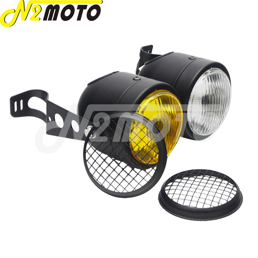 Chrome Amber Motorcycle Retro Twin Headlight Holder Fork Double Dual Head Lamp For Harley Dyna Bobber Chopper Cafe Racer Custom: D black