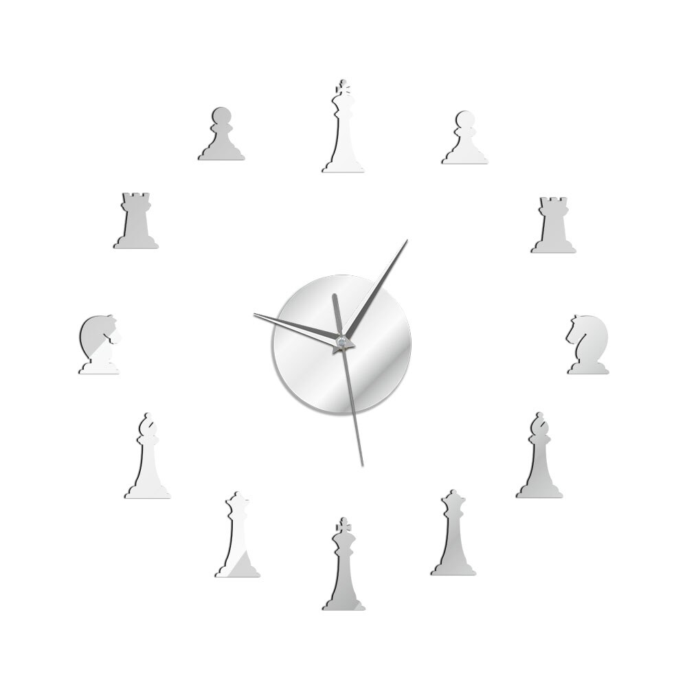 Chess Game DIY Giant Wall Clock King Bishop Knight Pawn Parlor Watch Acrylic Mirror Effect Chessman Chess Player Saat: Silver / 12  inch