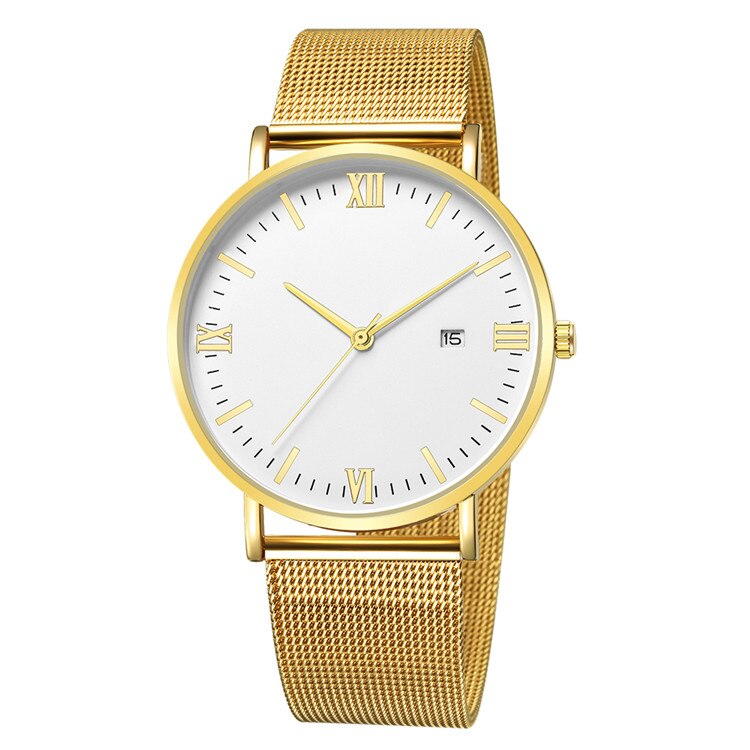 Relogio Masculino moda Roman cyfrowe zegarki męskie Top marka kwarcowy siatka ze stali nierdzewnej zegarek na rękę z paskiem, bransoletą erkek kol saati: gold white
