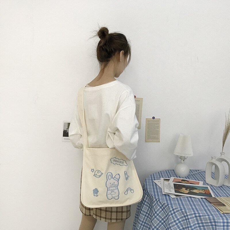Preppy Style toile grande capacité sac à provisions femmes coton brodé sac à bandoulière décontracté sac de messager Bolsa Feminina