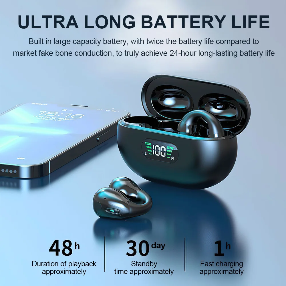 Bluetooth Bone Conduction Earphones Clip Ear Wireless Sport Headset Noise Reduction Earbuds HD Call HIFI Music Headphones