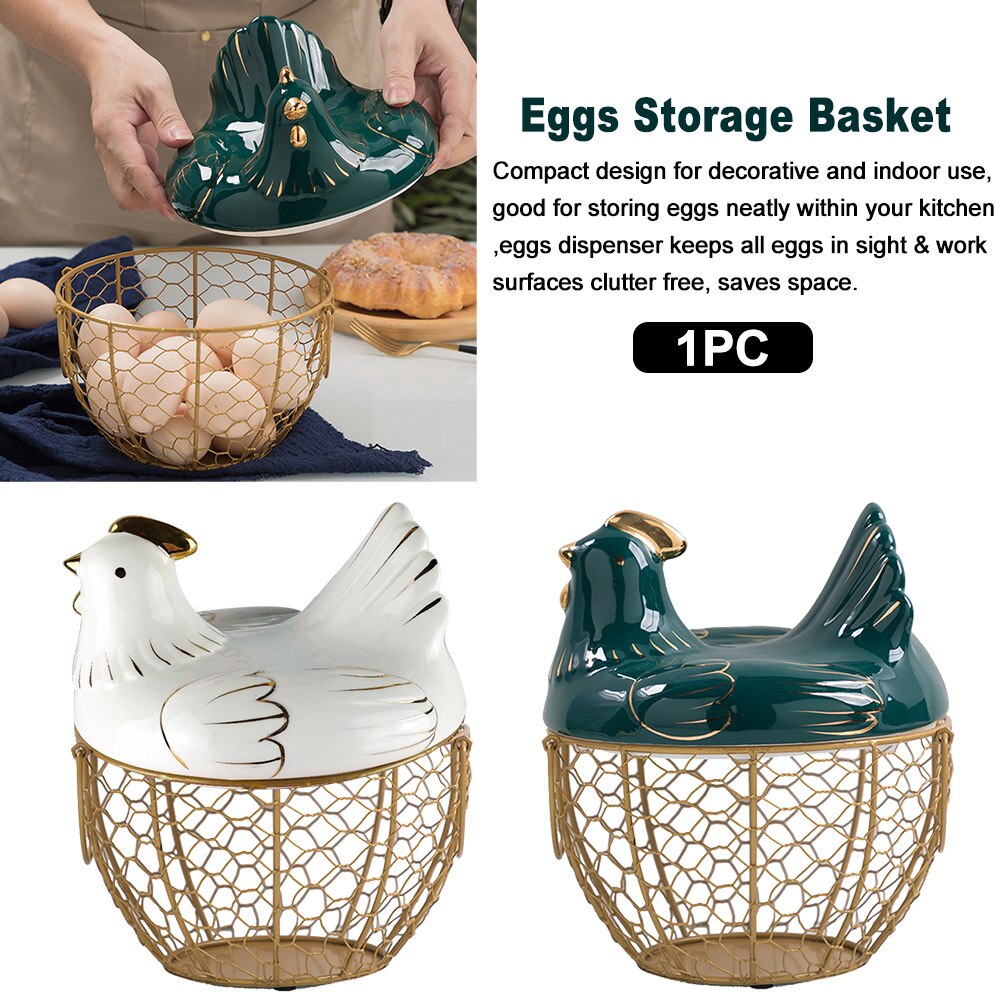 Multi-function Iron Eggs Storage Basket Chicken Shape Ceramic Lid Fruit Organizer With Handle Large Capacity Kitchen Mesh Holder