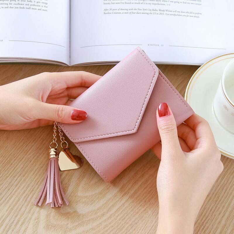 Herald Women Long Wallet with Tassel Leather Cluths Multi-function Ladies' Card Holder Female Coin Purse Wallet: Pink