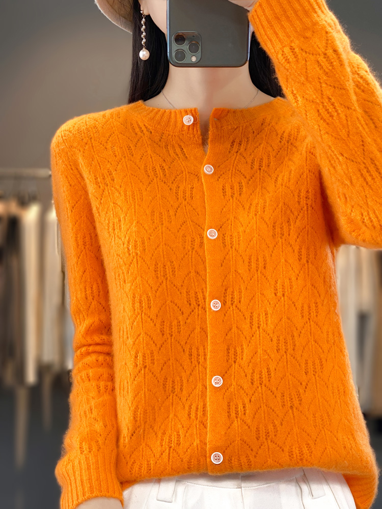 Casaco oco de malha feminino, Cardigans 100% lã merino, suéter confortável, tops de lazer, roupas básicas, outono, inverno, 2022: S / Laranja