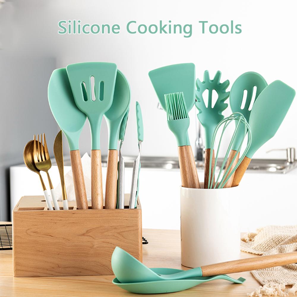 Wood Silicone Cooking Cake Utensils Natural Wood Handle Cooking Tools Turner Tongs Spoon Spatula Bakeware Kitchen Tools