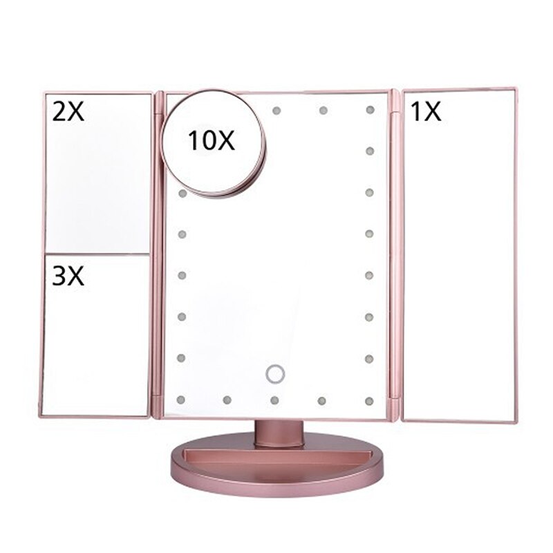 Espejo LED para maquillaje, espejo plegable con luz, 2 veces 3 veces más grande, espejo de relleno, espejo dorado rosa