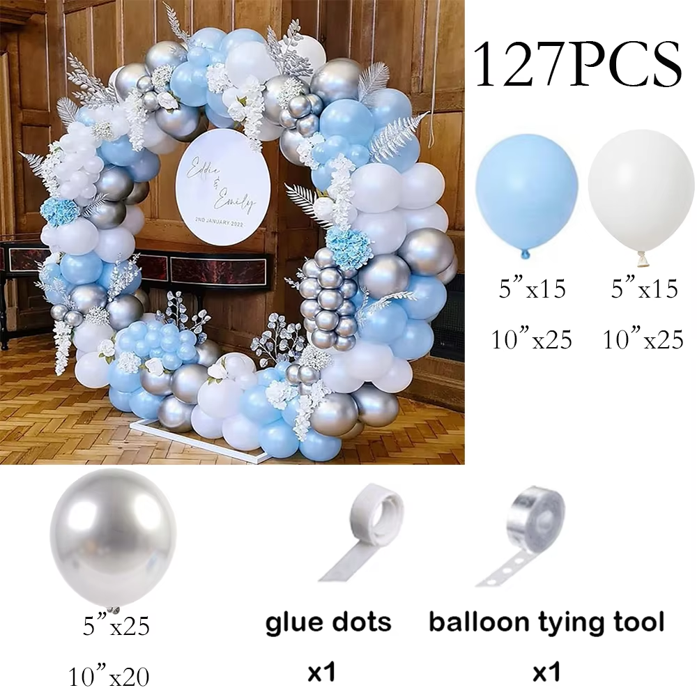 Babyblå ballongbue pastellblå hvite sølvballonger krans konfirmasjon barnebursdagsfest kjønnsavsløringe bryllupsdekorasjon: Iriserende