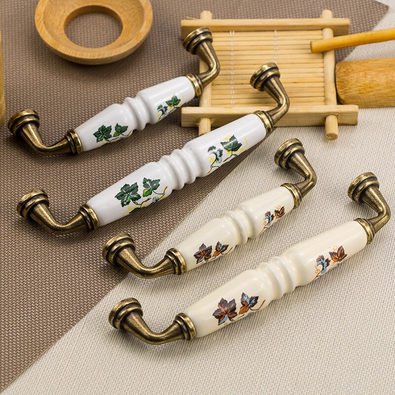 Tirador de cerámica para cajón de armario de cocina, armario con patrón de hojas verdes y flores, perilla para mesita de noche, para jardín