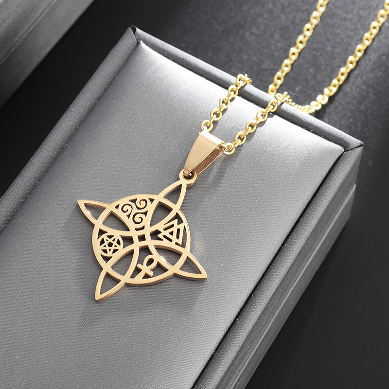 Moda bruxaria bruxa nó colar celta proteção irlandesa nó pingente masculino feminino tendência amuletos jóias presentes: Latão Banhado A Ouro