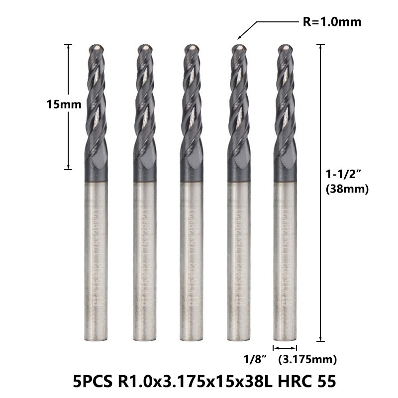 Xcan konisk kuglenæse endefræser 1/8 '' (3.175mm)  skaft supercoated hårdmetal fræser 5 stk sæt træ metal graveringsbit: R1.0 hrc 55