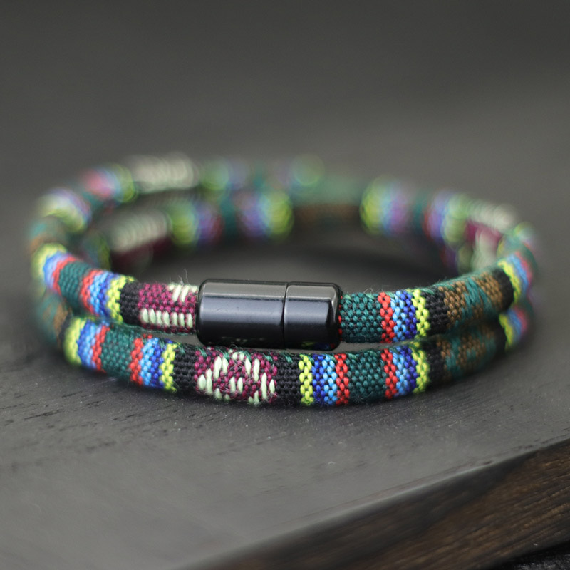 en hombres pulsera de cuerda Bohemia atraer pulsera magnética aventura supervivencia Braslet Pulseras Hilo Hombre Surf en la playa Brazalete: 17,5 cm / Pistola negra plateada