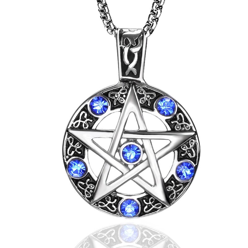 Pentagram Ronde Hollow Hanger Ketting Paar Mannen Vrouwen Ketting Blauwe Steen Ingelegd Viking Rune Accessoires Partij Sieraden