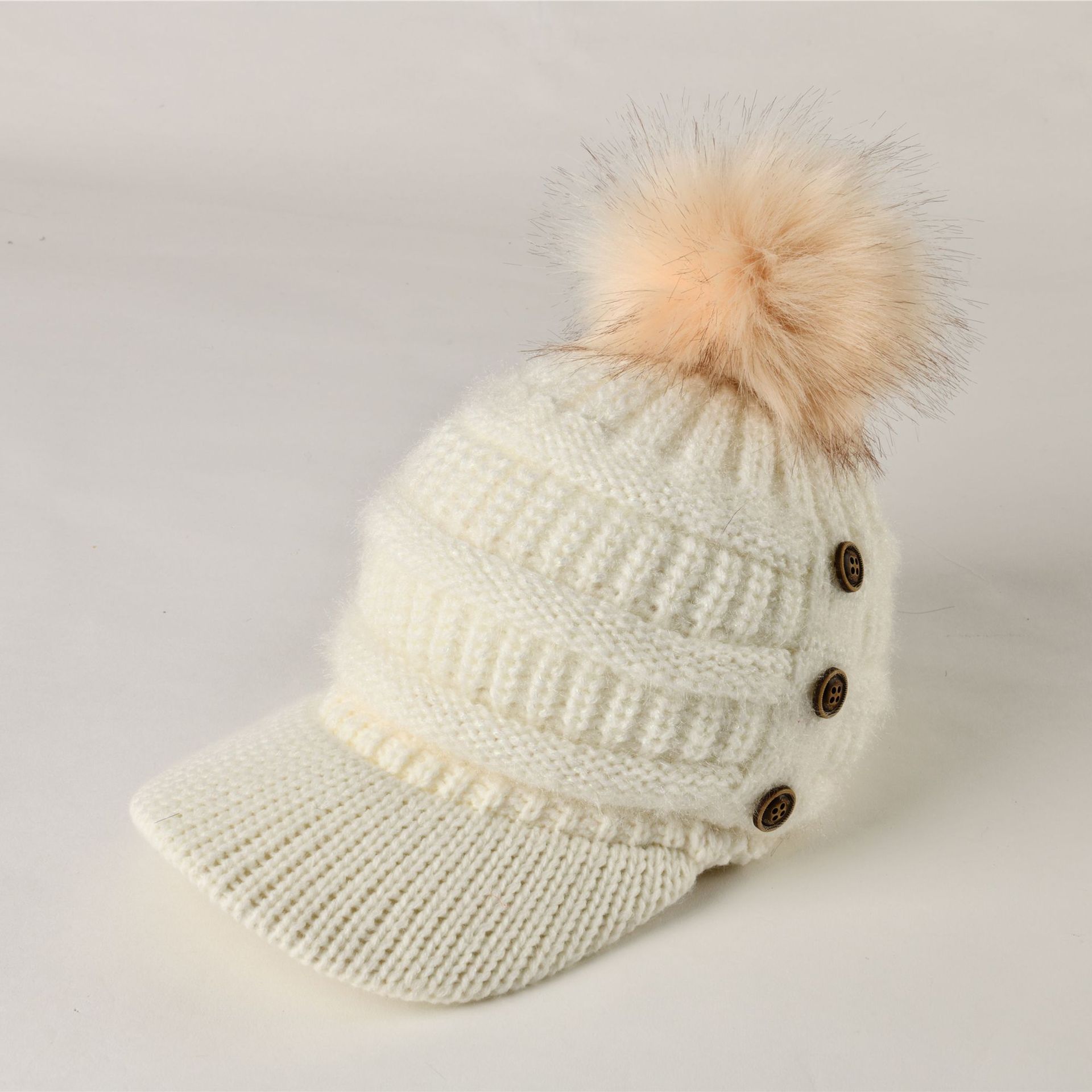 Gorro de lana con forma de bola para mujer, gorro de lana con forma de cúpula cálida, con botones, en 6 colores, para invierno y otoño: Blanco