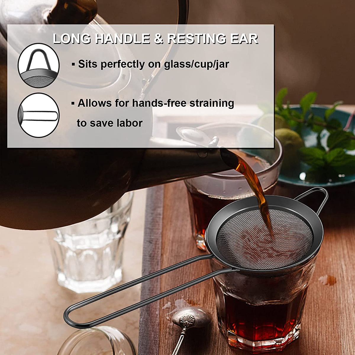 Nätsil av rostfritt stål fin tesil med långt handtag durkslag nätsilar sil för cocktailkaffe matmjöl