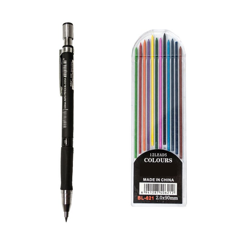 Automatic Mechanical Pencil 2.0mm Thick Writing Point Pencil Drawing Painting Black Refills School Office Stationery: 13 in 1 color Black