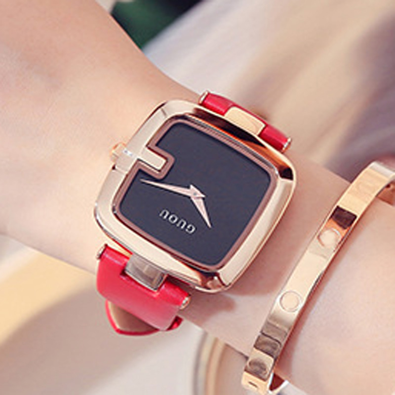 GUOU Women's Watches Square zegarek damski Luxury Ladies Bracelet Watches For Women Leather Strap Clock Saati: Red