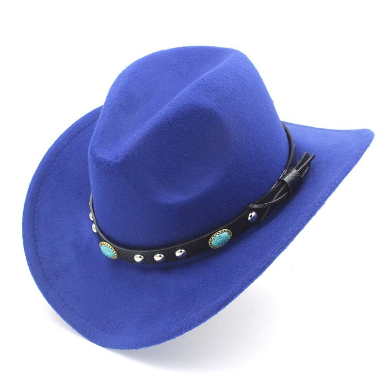 LUCKYLIANJI Wool Felt Western Cowboy Hat For Kid Child Wide Brim Cowgirl Kallaite Braid Leather Band (Size:54cm,Adjust Rope): Blue