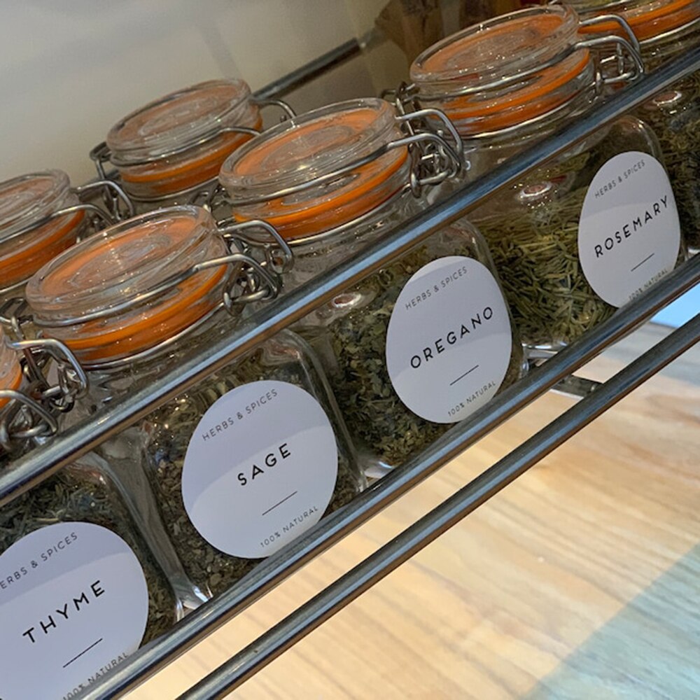 Round Pantry Labels Basic, Gluten Free, Herbs, Spices, Teas, Nuts, Oils &amp; Vinegars - Printed Waterproof Matt Vinyl - Custom Labe