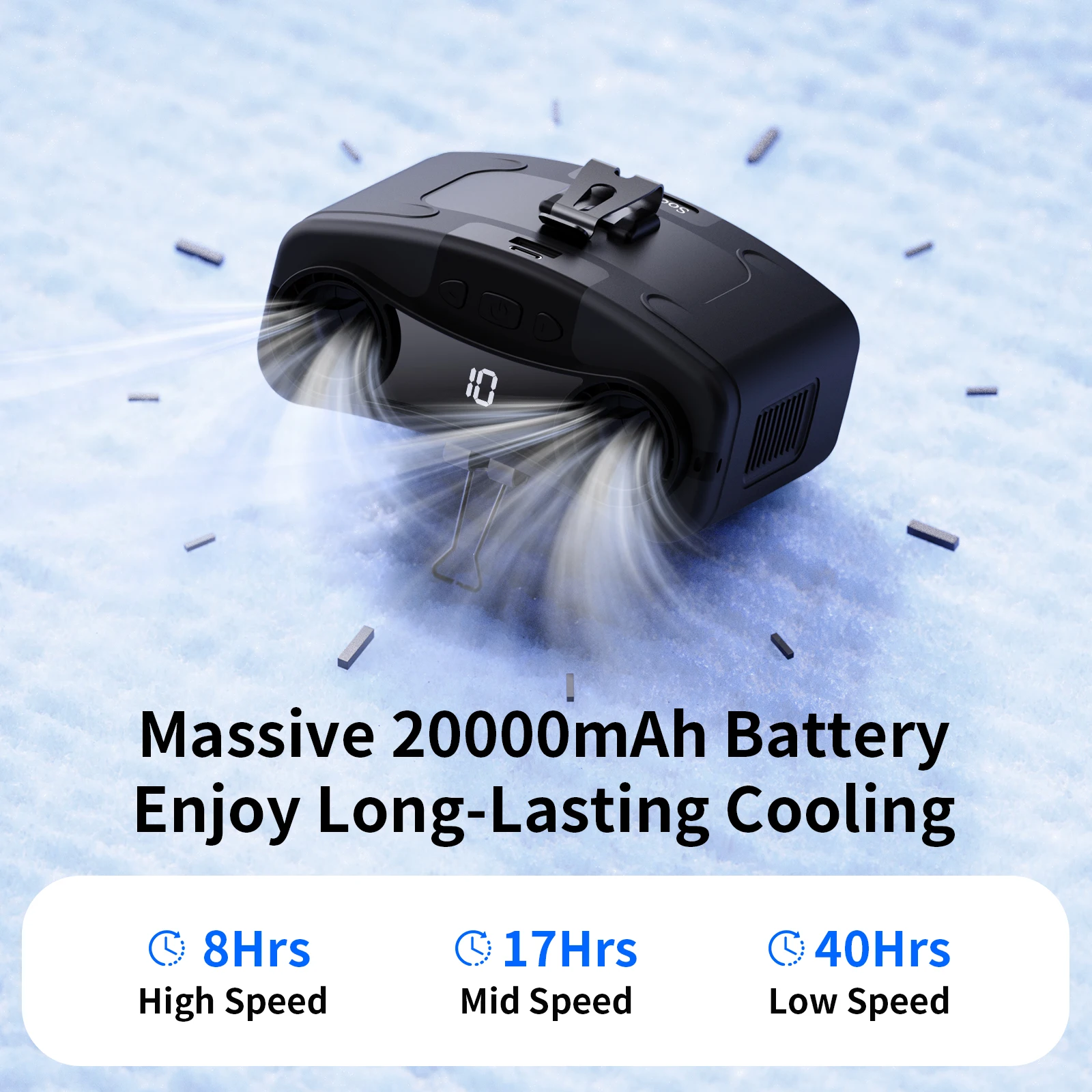 20000 mAh tragbarer Taillenventilator, schnell kühlender hängender Halsventilator, 10 Gänge, Geschwindigkeiten, Doppelmotoren, starker Wind, Außenventilator mit Powerbank