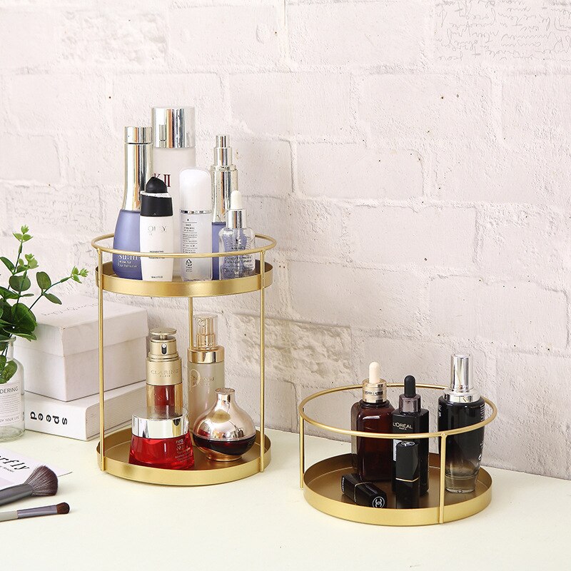 Iron Art Makeup Organizer Box Round Double-Layer Make up Rangement Cosmetic Organizer Coiffeuse Desktop Perfume Display Rack