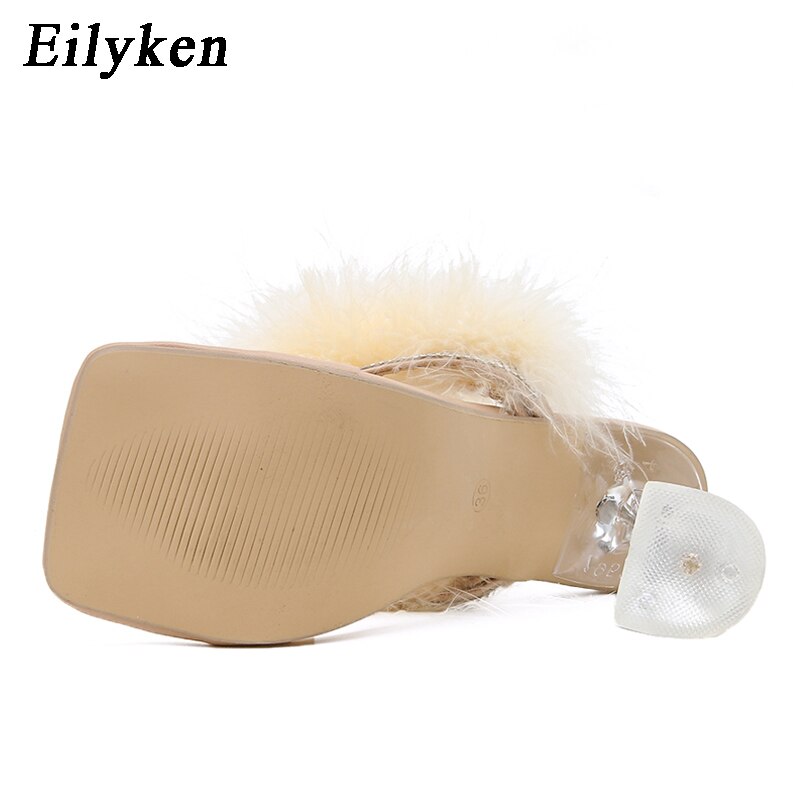 Eilyken-pantoufles d'été plume à talons hauts pour femmes, tongs à bout carré cristal clair, chaussures d'été, collection