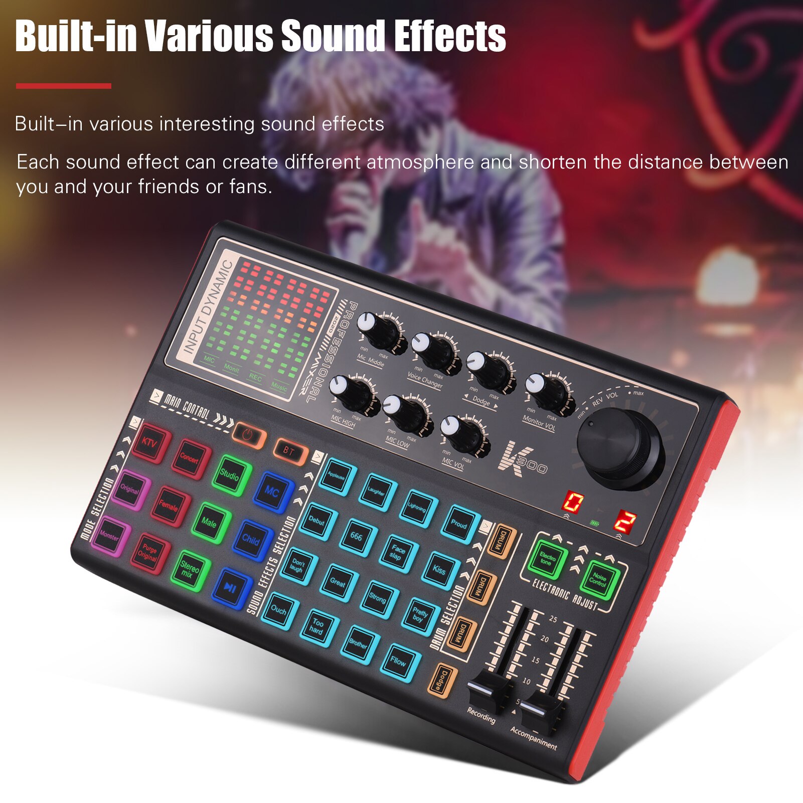 SK300 Live Sound Card External Voice Changer Audio Mixer Built-in Battery Multiple Sound Effects for Music Recording
