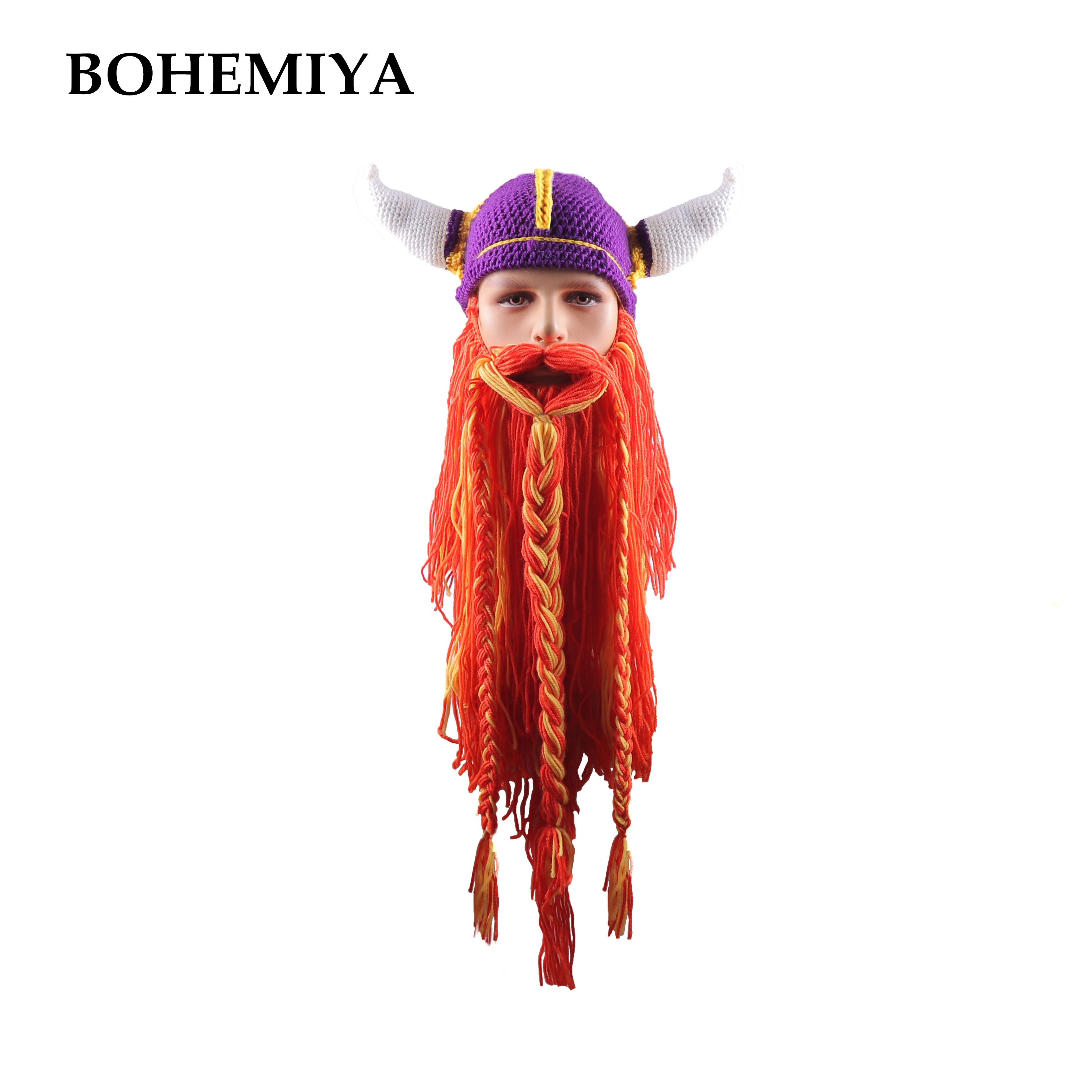 Men's Barbarian Vagabond Viking Beard Beanie Horn Hats Handmade Knitted Winter Warm Caps Funny Halloween Mask Cosplay H9