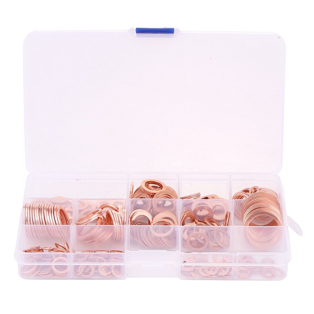 280pcs Assorted Copper Washers 12 Different Sizes Solid Copper Crush Washers Seal Flat Rings Kit With Grid-Shape Storage Box​​