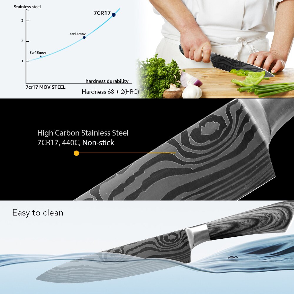 Køkkenkniv 5 7 8 tommer rustfrit stål kokknive kødkløver santoku utility 440c lazer damacuse mønster madlavningssæt