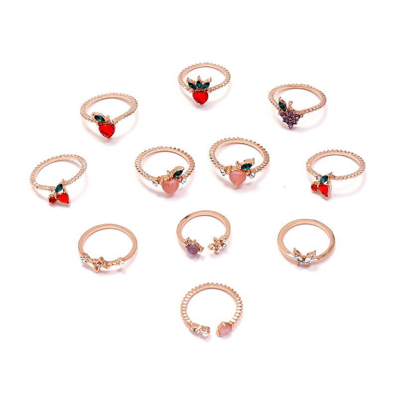 11 Stks/set Zoete Crystal Apple Aardbei Cherry Druif Ringen Voor Vrouwen Mode Vlinder Fruit Gem Gouden Ringen Set Sieraden Party