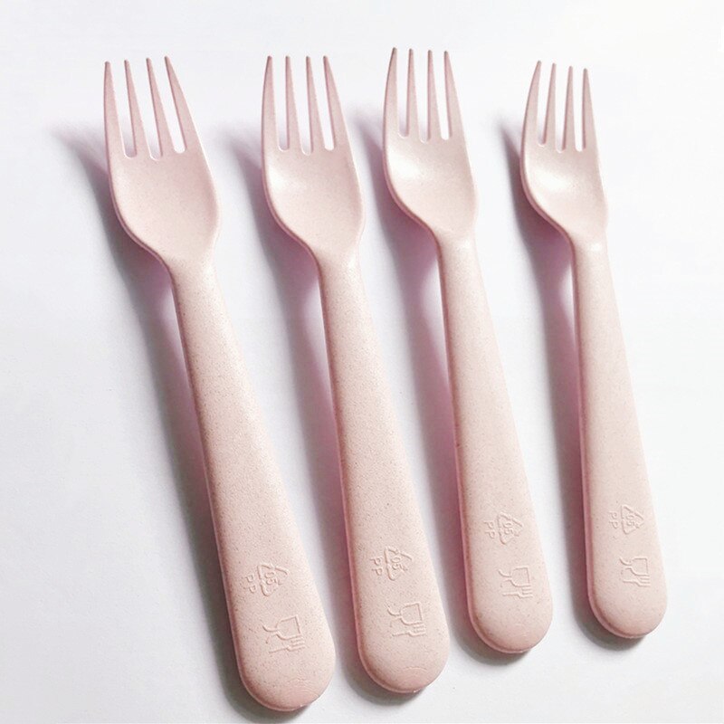 4pcs Pink Kitchen Wheat Straw Tableware Reusable Household Dishware Kids Adult Spoon Fork Cup Salad Soup Bowl Plate: B-4pcs pink Fork