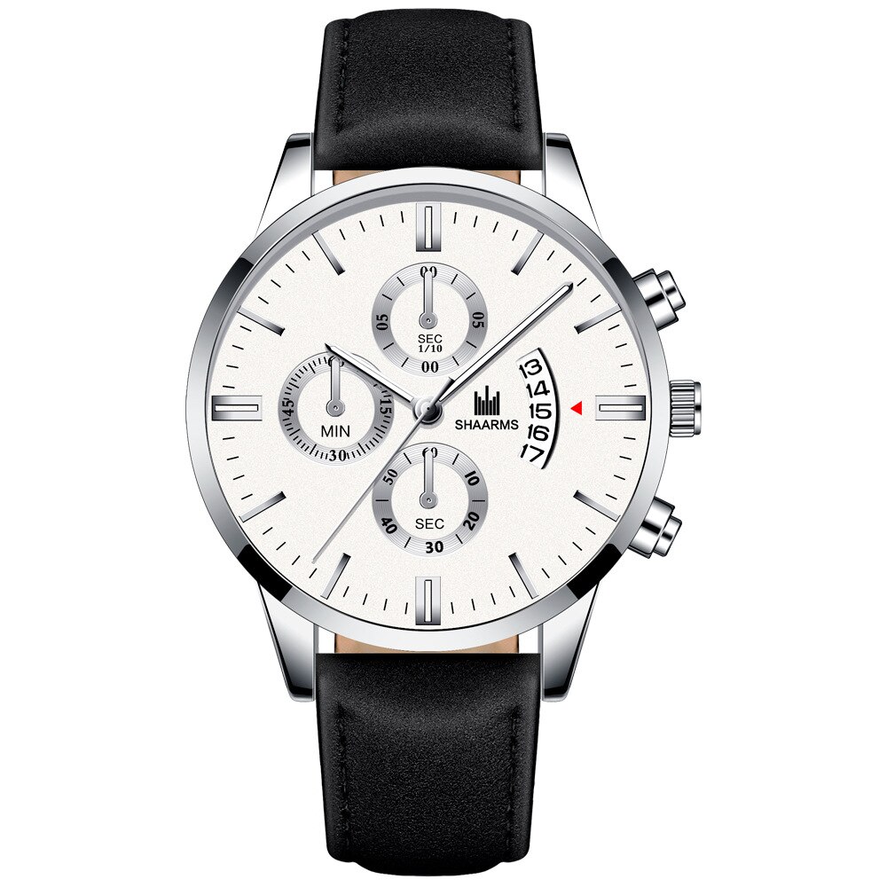 SHAARMS-Reloj analógico de cuarzo para hombre, accesorio de pulsera resistente al agua con calendario, complemento Masculino de de lujo con moderno y estilo informal, perfecto para negocios: Black White Silver