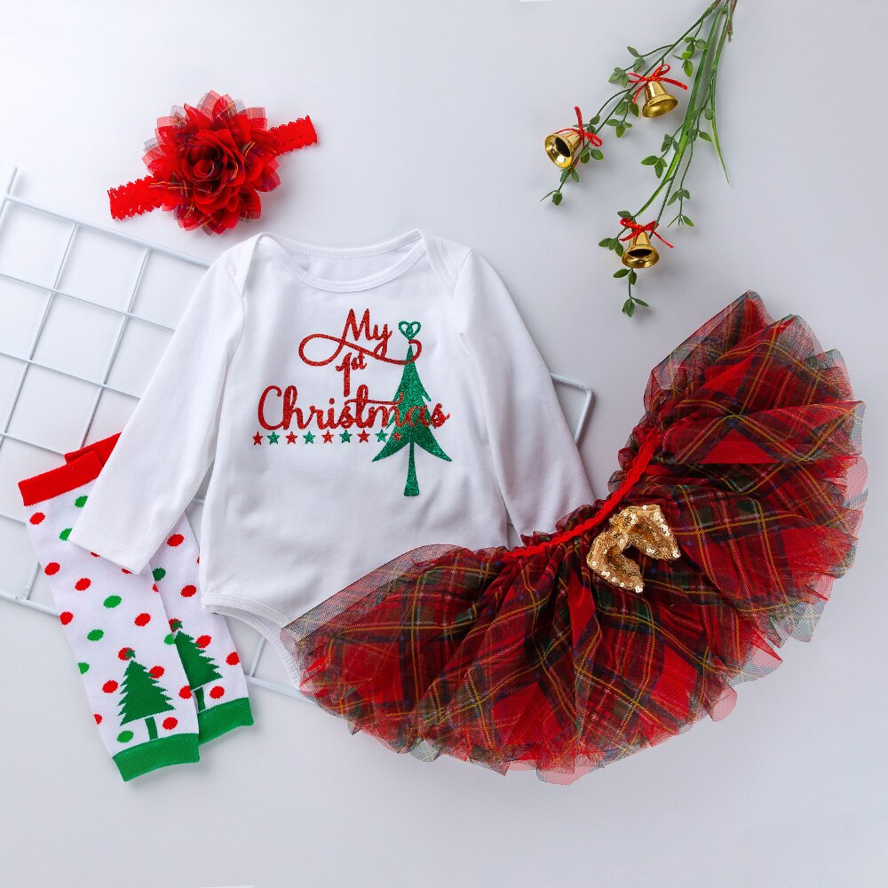 Kerst Rood Rooster Tutu Rokken Bloem Lange Mouw Rompertjes Baby Kleding Set Baby Meisje Kleding Katoenen Sokken Hoofdband 3/4Pcs