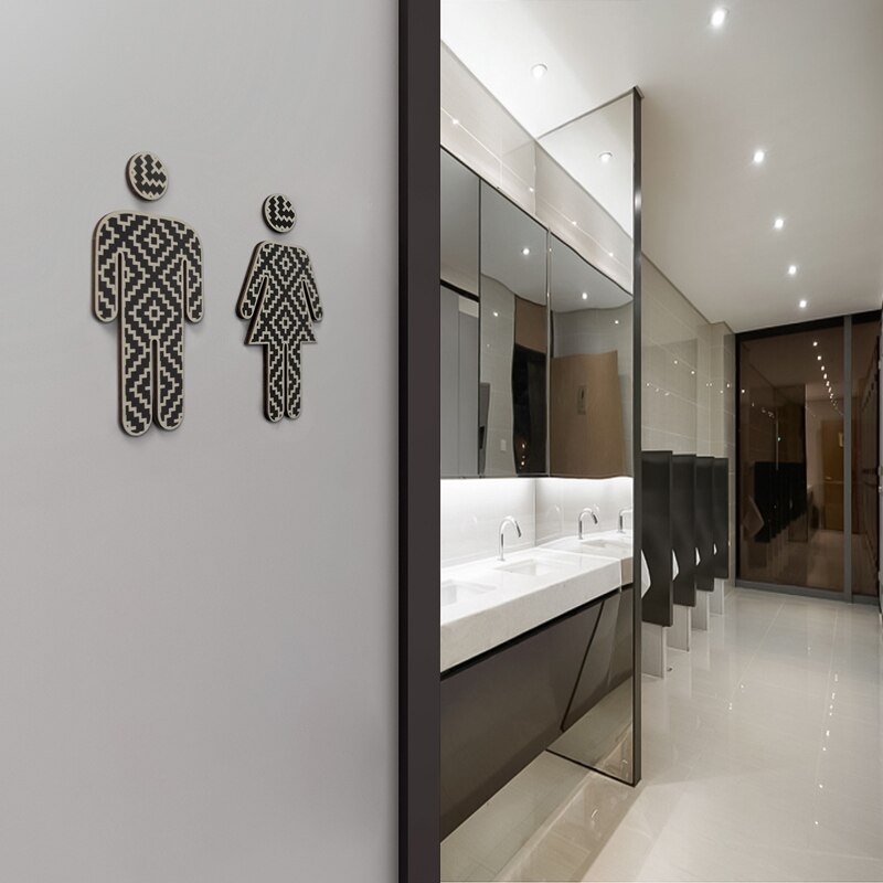 2PCS Wooden Toilet Signs Unisex Self Adhesive Warning Sign Men &amp; Women Logo Bathroom Toilet Door Decoration Stickers