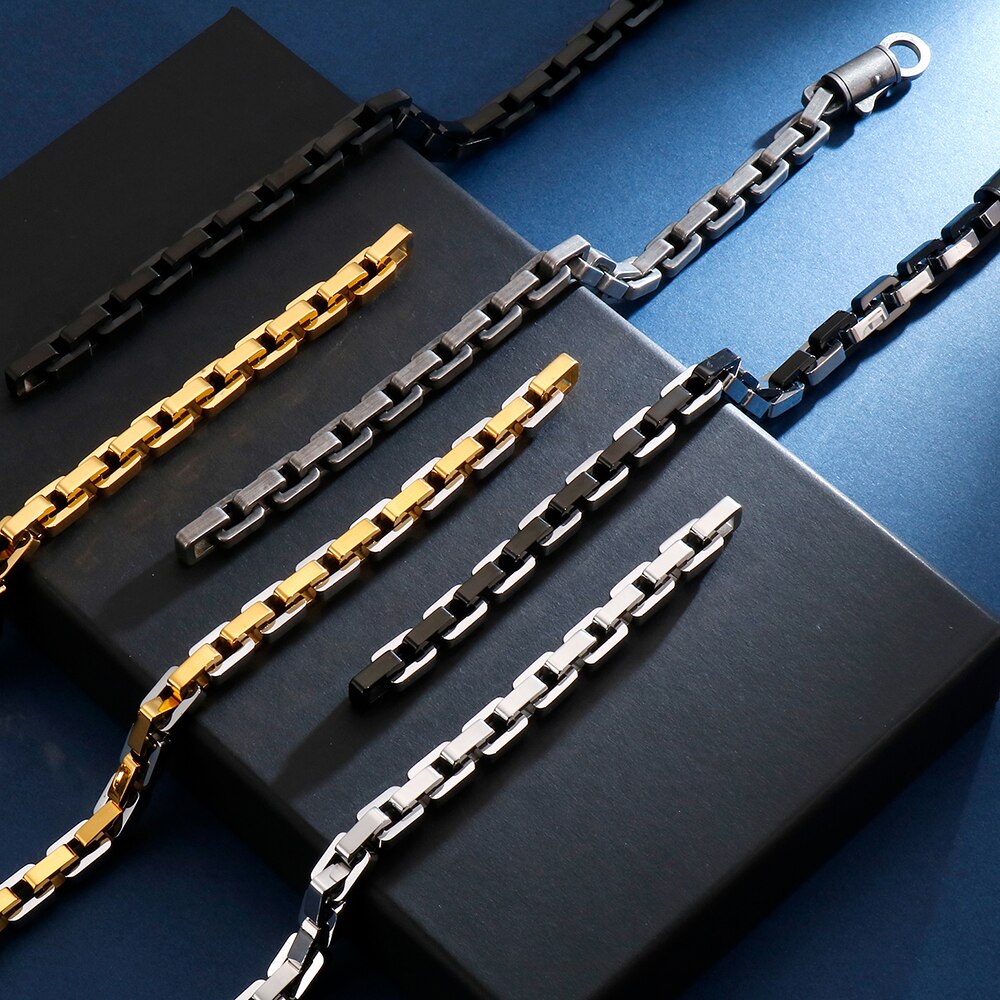 Goud Zwart Rvs Interlock Box Chain Armband Voor Mannen Zware Biker Sieraden Beste Vrienden Heren Armbanden
