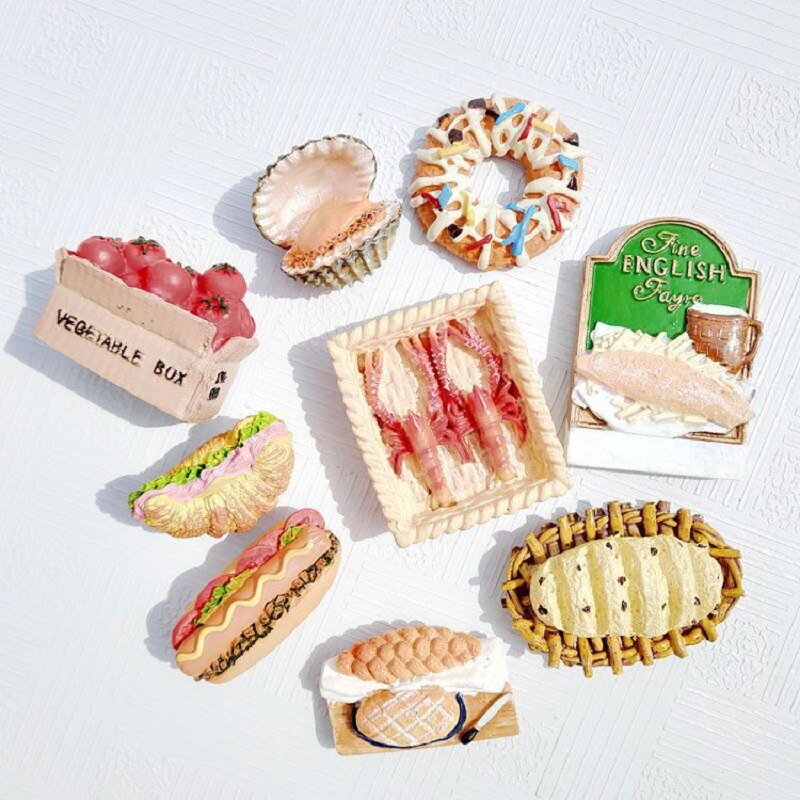 Fridge Magnets French Bread Basket Egg Milk Breakfast Tomato Seafood Imitation Food Series 3D Resin Refrigerator Stickers Decor
