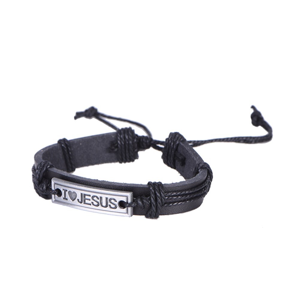 Mannen/Vrouwen Christian Lichtmetalen Wrap Lederen Manchet Bangle Armband Van &quot;I Love Jesus&quot;: Black