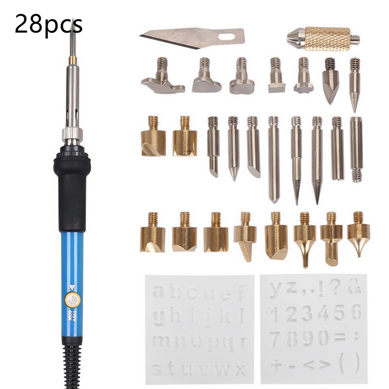 7/26/28Pcs/Set EU/US/UK 110-220V Pyrography Tools Set Wood Carved Pyrography Electric Iron For Engraving Craft Soldering Pen: B  28pcs / EU