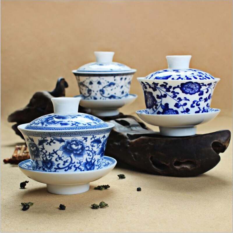 Bol à thé KungFu chinois bleu et blanc | Service à thé bleu et blanc de grande capacité de 300ml, théière Gaiwan, bol de couvercle en céramique, Service à thé