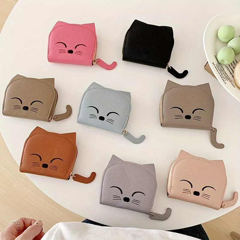 Cute Cat Wallet Women PU Leather Mini Purse Multi-Slot Credit ID Card Holder Cartoon Business Card Case Zipper Coin Bags Clutch